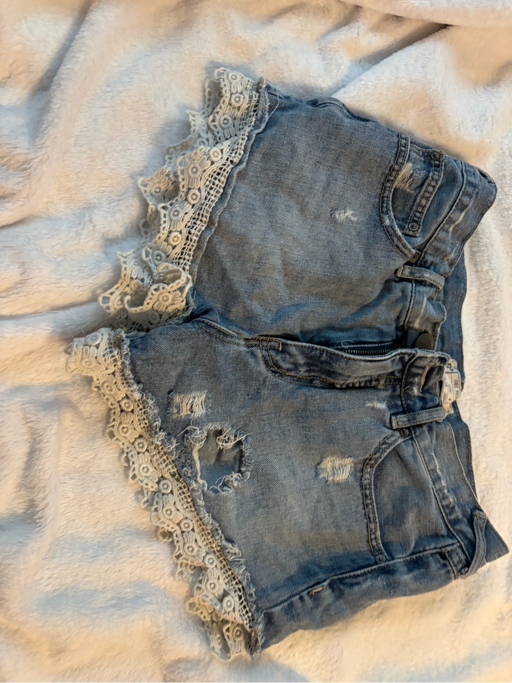 Free People Distressed Denim Shorts with Lace Trim - Light Blue